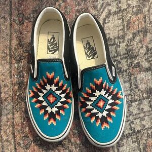Vans Teal and Black Aztec Slip-On with Geometric Design w9/m7.5
